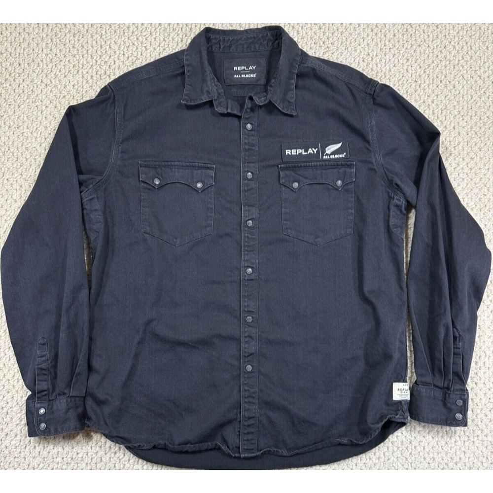 New Zealand REPLAY All Blacks Collab Rugby Denim Shirt Mens XL Black Snap Button